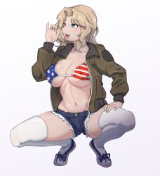 Rule 34 | 1girl, american flag bikini, american flag print, bikini, blonde hair, blue eyes, breasts, cleavage, collarbone, covered erect nipples, cutoffs, denim, denim shorts, fellatio gesture, flag print, forehead, full body, girls und panzer, hair intakes, highres, huaronanago, jacket, kay (girls und panzer), large breasts, linea alba, long hair, navel, open clothes, open jacket, open mouth, parted hair, print bikini, sexually suggestive, shoes, short shorts, shorts, simple background, skindentation, smile, sneakers, solo, squatting, swimsuit, thighhighs, tongue, tongue out, underboob, white background, white thighhighs