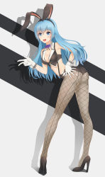 Rule 34 | 1girl, :d, anarchojs, animal ears, black footwear, black hairband, black shorts, blue eyes, blue hair, blunt bangs, bow, bowtie, breasts, choker, cleavage, crop top, fake animal ears, fishnet pantyhose, fishnets, floating hair, full body, gloves, hair down, hairband, hand on own ass, hatsune miku, high heels, highres, leaning forward, leotard, long hair, medium breasts, micro shorts, midriff, open mouth, pantyhose, playboy bunny, pumps, purple bow, purple bowtie, rabbit ears, shadow, shiny clothes, short shorts, shorts, sleeveless, smile, solo, standing, suspender shorts, suspenders, very long hair, vocaloid, w, white gloves