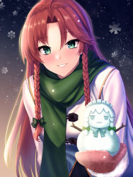 Rule 34 | 1girl, bow, braid, commentary request, green bow, green eyes, green scarf, hair bow, highres, holding snowman, hong meiling, izayoi sakuya, long hair, mattyakinako (odango imomushi), mittens, outstretched arms, red hair, red mittens, scarf, smile, snowflakes, snowing, snowman, solo, touhou, twin braids, winter clothes