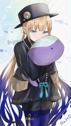 Rule 34 | 1boy, absurdres, alternate costume, aqua eyes, blonde hair, blue hair, captain nemo (fate), character name, compass, hugging doll, fate/grand order, fate (series), gradient hair, hat, highres, long hair, multicolored hair, nemo (fate), hugging object, shorts, stuffed whale, tikako117, twintails, twitter username
