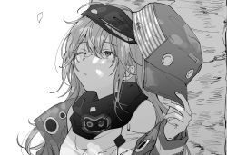 Rule 34 | 1girl, dappled sunlight, dm owr, g11 (girls&#039; frontline), girls&#039; frontline, greyscale, hat, highres, jacket, long hair, looking up, messy hair, monochrome, off shoulder, one eye closed, petal on nose, petals, removing hat, scarf, solo, sunlight, tree, upper body, white background
