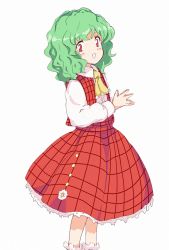 Rule 34 | 1girl, :d, aged down, ascot, child, commentary, feet out of frame, green hair, kazami yuuka, long sleeves, looking at viewer, medium hair, open mouth, own hands together, plaid, plaid skirt, plaid vest, red eyes, red skirt, red vest, ripu (lipi), shirt, simple background, skirt, smile, socks, solo, standing, touhou, vest, wavy hair, white background, white shirt, white socks, yellow ascot