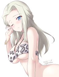 Rule 34 | 1girl, animal print, artist name, bikini, blonde hair, blue eyes, blush, breasts, clara (girls und panzer), cleavage, covered erect nipples, dated, female focus, girls und panzer, highres, kuzuryuu kennosuke, large breasts, leopard print, long hair, looking at viewer, nail polish, one eye closed, parted lips, shiny skin, simple background, solo, swimsuit, upper body, white background