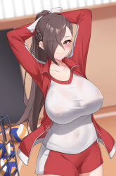 Rule 34 | 1girl, absurdres, alternate costume, arms behind head, ball, blush, breasts, brown eyes, brown hair, chym39, commission, covered erect nipples, covered navel, cowboy shot, fire emblem, fire emblem fates, gym, gym shirt, gym shorts, gym uniform, hair over one eye, highres, indoors, jacket, kagero (fire emblem), large breasts, long hair, looking at viewer, nintendo, nipples, ponytail, red jacket, red shorts, shirt, shorts, smile, solo, volleyball (object), white shirt