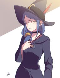 Rule 34 | 1girl, black dress, black hat, choker, collarbone, dress, ebbilin, feathers, glasses, hair over shoulder, hat, hat feather, hood, hood down, hooded dress, little witch academia, looking at viewer, red eyes, red feathers, solo, standing, ursula callistis, witch hat