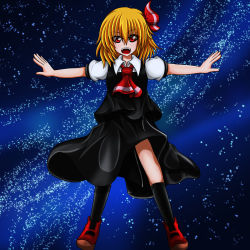 Rule 34 | 1girl, blonde hair, fang, flying, hair ribbon, highres, necktie, night, open mouth, outstretched arms, red eyes, ribbon, rumia, short hair, sky, smile, spread arms, star (sky), starry sky, suikyou (aqua cities), touhou, vest