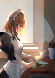 Rule 34 | 1girl, absurdres, apron, blonde hair, blouse, breasts, cucumber, cutting, dress, from side, g36 (girls&#039; frontline), girls&#039; frontline, green eyes, highres, kitchen, kitchen knife, long hair, looking down, madao, maid, maid apron, maid headdress, profile, shirt, solo, sunlight, white apron, white shirt, window