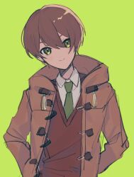 Rule 34 | 1boy, arms behind back, blue eyes, brown hair, brown jacket, brown vest, closed mouth, collared shirt, green necktie, highres, hood, hood down, jacket, looking at viewer, mahoutsukai no yakusoku, male focus, mitile flores, necktie, piza-chan, shirt, short hair, smile, solo, vest, white shirt