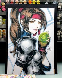 Rule 34 | 1girl, armor, art tools in frame, bandana, blue bodysuit, bodysuit, bodysuit under clothes, boobplate, breastplate, brown eyes, brown gloves, brown hair, closed mouth, commentary, copic, elbow sleeve, english commentary, final fantasy, final fantasy vii, final fantasy vii remake, fingerless gloves, from side, gloves, hair tie, headband, high ponytail, highres, jessie rasberry, looking at viewer, marker (medium), materia, pink lips, red bandana, red headband, shoulder armor, sidelocks, smile, solo, stanley lau, traditional media