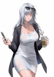 Rule 34 | 1girl, black coat, blue eyes, breasts, cellphone, cleavage, coat, coffee, commentary request, cup, curvy, disposable cup, dress, eyewear on head, genderswap, genderswap (mtf), gojou satoru, grey hair, hair between eyes, highres, holding, holding cup, holding phone, jewelry, jujutsu kaisen, large breasts, long hair, long sleeves, looking at viewer, necklace, open clothes, open coat, parted lips, phone, shinoda giri, simple background, smartphone, smile, solo, sunglasses, thick thighs, thighs, twitter username, white background, white dress