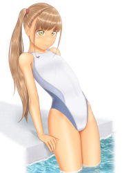 Rule 34 | 1girl, arm support, blunt bangs, brown eyes, brown hair, child, commentary request, competition swimsuit, flat chest, groin, highleg, highleg swimsuit, highres, long hair, looking at viewer, one-piece swimsuit, original, partially submerged, pool, poolside, side ponytail, simple background, solo, swimsuit, thighs, uzuki mei, white background, white one-piece swimsuit