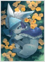 Rule 34 | absurdres, border, commentary request, creatures (company), crying, flower, frills, from above, full body, game freak, gen 4 pokemon, glaceon, highres, kikuyoshi (tracco), lying, nintendo, no humans, on side, outdoors, pokemon, pokemon (creature), pokemon unite, rain, signature, solo, tears, white border, yellow flower