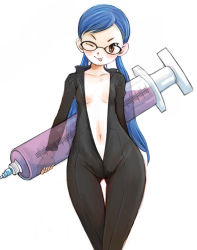 Rule 34 | 1girl, :p, arms behind back, blue eyes, bodysuit, breasts, brown eyes, center opening, glasses, hip focus, kazaana, large syringe, long hair, navel, one eye closed, original, oversized object, solo, syringe, thigh gap, thighs, tongue, tongue out, twintails, unzipped, wide hips, wink, aged down