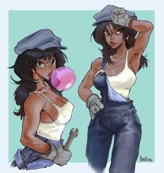 Rule 34 | 1girl, aqua background, arm up, armpits, atlantis: the lost empire, audrey ramirez, black hair, blue overalls, border, breasts, brown eyes, blowing bubbles, cleavage, covered erect nipples, cowboy shot, dark-skinned female, dark skin, debirudude, earrings, gloves, grey gloves, highres, holding, holding wrench, jewelry, long hair, looking at viewer, medium breasts, multiple views, overalls, signature, simple background, tank top, upper body, white border, white tank top, wrench