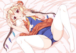 Rule 34 | 1girl, ascot, bed, blonde hair, embodiment of scarlet devil, female focus, flandre scarlet, hat, highres, ichio, lying, on back, one-piece swimsuit, red eyes, school swimsuit, short hair, side ponytail, simple background, solo, spread legs, swimsuit, swimsuit under clothes, thighhighs, touhou, white thighhighs, wings