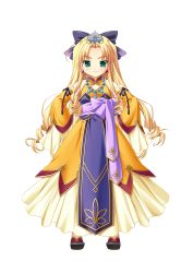 Rule 34 | 1girl, absurdres, blonde hair, crown, curly hair, detached sleeves, dress, earrings, enjutsu, full body, green eyes, hands on own hips, highres, jewelry, koihime musou, long hair, necklace, ribbon, saeki hokuto, smile, solo, transparent background