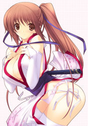 Rule 34 | 1girl, ass, blush, breasts, brown eyes, brown hair, cleavage, dead or alive, dress, hands on own chest, iizuki tasuku, japanese clothes, kasumi (doa), leaning forward, long hair, ninja, no bra, panties, pantyshot, patterned background, pelvic curtain, pink panties, ponytail, solo, standing, tecmo, thighhighs, underwear, white thighhighs, wind, wind lift