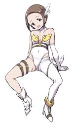 Rule 34 | 1girl, angewomon, angewomon (cosplay), anklet, asymmetrical clothes, bare shoulders, belt, bob cut, brown hair, center opening, cosplay, covered navel, digimon, digimon adventure 02, elbow gloves, gloves, hair ornament, hairclip, high heels, hip vent, jewelry, leotard, midriff, multiple belts, pink eyes, presenting, revealing clothes, sexually suggestive, short hair, sidelocks, single glove, single pantsleg, skin tight, smile, solo, spread legs, strapless, strapless leotard, thigh strap, white background, white footwear, white gloves, white leotard, yagami hikari