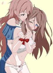 2girls bang_dream! bang_dream!_it&#039;s_mygo!!!!! biting biting_ear blue_dress blue_eyes blush bound bound_wrists bow bow_panties brown_hair camisole chihaya_anon chinese_commentary commentary_request cosplay costume_switch dress fingering grabbing_another&#039;s_breast grabbing_from_behind grey_eyes groping highres jewelry long_hair looking_at_another mi_zhi_chashao_men_fan_fan multiple_girls nagasaki_soyo necklace one_eye_closed open_mouth panties pink_hair reaching simple_background underwear white_camisole white_panties yellow_background yuri