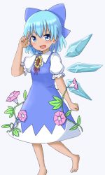 Rule 34 | 1girl, barefoot, blue eyes, blue hair, cirno, clenched hand, dadamori, flower, full body, hair ribbon, hand to forehead, looking at viewer, morning glory, open mouth, puffy short sleeves, puffy sleeves, ribbon, short hair, short sleeves, simple background, solo, standing, sunflower, tan, tanned cirno, touhou, v, white background, wings