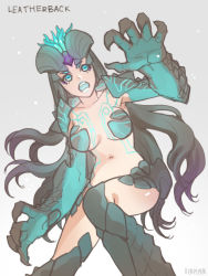 Rule 34 | 1girl, aqua eyes, bad id, bad pixiv id, black hair, glowing, kaijuu, leatherback, legendary pictures, long hair, monster girl, neon trim, pacific rim, personification, reammara, revealing clothes, solo