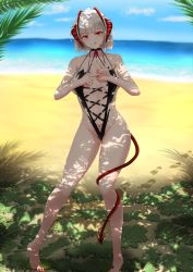 Rule 34 | 1girl, :q, absurdres, arknights, bare legs, bare shoulders, barefoot, beach, blue sky, calvaires, cloud, commentary, day, footprints, groin, highres, horns, looking at viewer, nail polish, ocean, outdoors, penetration gesture, pubic tattoo, red eyes, red nails, short hair, sideless one-piece swimsuit, sideless outfit, silver hair, sky, smile, solo, standing, swimsuit, tail, tattoo, thighs, toenail polish, toenails, tongue, tongue out, w (arknights), water
