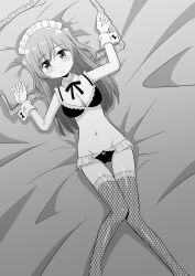 Rule 34 | 1girl, arms up, bed sheet, bikini, blush, bow, bow panties, bra, breasts, closed mouth, detached collar, fishnet thighhighs, fishnets, frilled bra, frilled panties, frilled pillow, frills, from above, greyscale, groin, highres, long hair, looking at viewer, lying, maid, maid bikini, maid headdress, medium breasts, monochrome, navel, neck ribbon, on back, on bed, original, panties, pillow, ribbon, solo, swimsuit, takeuchi motoki, thigh gap, thighhighs, two side up, unconventional maid, underwear, underwear only, wrist cuffs