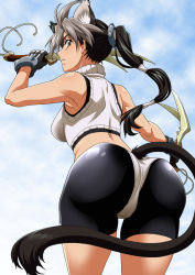 Rule 34 | 1girl, animal ears, ass, back, bike shorts, black hair, brown eyes, cat ears, cat tail, dyed bangs, isse, long hair, looking back, midriff, multicolored hair, original, ponytail, sleeveless, solo, sports bra, sword, tail, turtleneck, two-tone hair, weapon