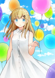 Rule 34 | 1girl, bad id, bad pixiv id, balloon, bare arms, bare shoulders, blue eyes, blue sky, blush, breasts, cloud, collared dress, commentary request, day, dress, hair ornament, hairclip, kurata rine, light brown hair, long hair, looking at viewer, original, outdoors, parted lips, sky, sleeveless, sleeveless dress, small breasts, solo, standing, white dress