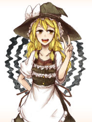 Rule 34 | 1girl, apron, arm behind back, black ribbon, black skirt, blonde hair, bow, collarbone, frilled apron, frilled skirt, frills, hat, hat bow, kirisame marisa, long hair, looking at viewer, open mouth, puffy short sleeves, puffy sleeves, raikou (gotaishu), ribbon, short sleeves, simple background, skirt, solo, teeth, touhou, upper teeth only, v, waist apron, white apron, white background, white bow, witch hat, yellow eyes