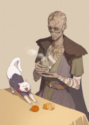 Rule 34 | 1boy, animal, arm wrap, bald, baldur&#039;s gate, baldur&#039;s gate 3, bandaged chest, belt, brown background, cat, closed eyes, clothed animal, cowboy shot, cup, dungeons &amp; dragons, food, from above, fruit, headpiece, highres, holding, holding cup, majiang, male focus, matcha (food), no nose, old, old man, orange (fruit), orange peel, purple robe, robe, scratching, simple background, sitting, steam, sunken cheeks, table, tablecloth, tea, undead, white cat, withers (baldur&#039;s gate), wrinkled skin