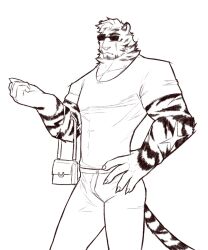 Rule 34 | 1boy, animal ears, arknights, bag, bara, contrapposto, facial hair, feet out of frame, furry, furry male, goatee, greyscale, hand on own hip, handbag, highres, large hands, limp wrist (meme), male focus, meme, monochrome, mountain (arknights), muscular, muscular male, octo poosi, scar, scar across eye, scar on arm, short hair, solo, standing, sunglasses, thick eyebrows, tiger boy, tiger ears, white hair, yassification (meme)