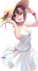 Rule 34 | 1girl, :d, absurdres, antenna hair, arms up, bare arms, bare shoulders, blush, breasts, brown eyes, brown hair, cleavage, collarbone, cropped legs, dress, hands on headwear, hat, hat ornament, highres, idolmaster, idolmaster (classic), kikuchi makoto, looking at viewer, open mouth, see-through, short hair, shuucream (syuichi), simple background, sleeveless, sleeveless dress, small breasts, smile, solo, straw hat, sundress, white background, white dress, wristband, yellow hat