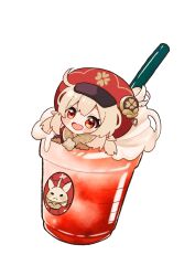 Rule 34 | 1girl, :d, ahoge, blonde hair, blush, brown gloves, cabbie hat, clover print, cup, disposable cup, drinking straw, eyelashes, genshin impact, gloves, hair between eyes, hands up, hat, hat feather, highres, in container, in cup, jumpy dumpty, klee (genshin impact), kogamo (user vajm2737), long hair, long sleeves, looking at viewer, low twintails, mini person, minigirl, open mouth, pointy ears, pom pom (clothes), red eyes, red hat, sidelocks, simple background, smile, solo, twintails, whipped cream, white background
