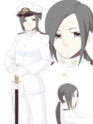 Rule 34 | 10s, 1girl, black hair, female admiral (kancolle), gloves, hair over one eye, hat, kantai collection, long hair, military, military uniform, neko majin, pants, peaked cap, planted, planted sword, planted weapon, ponytail, sheath, sheathed, solo, swept bangs, sword, uniform, weapon, white gloves