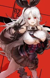 Rule 34 | 1girl, :d, azur lane, bare shoulders, black gloves, black necktie, black skirt, black sleeves, bodice, braid, breasts, chest belt, collared shirt, comaza, commentary request, cowboy shot, crop top, cross, cross hair ornament, detached sleeves, eyebrows hidden by hair, gloves, hair between eyes, hair ornament, hair ribbon, hand on own hip, hand up, highres, iron blood (emblem), iron cross, large breasts, leg belt, long hair, looking at viewer, mole, mole under eye, necktie, open mouth, pleated skirt, pouch, prinz heinrich (azur lane), red background, red eyes, ribbed shirt, ribbon, shirt, sidelocks, skirt, sleeveless, sleeveless shirt, smile, solo, standing, teeth, underboob, upper teeth only, v, very long hair, white hair