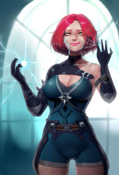 Rule 34 | 1girl, absurdres, armor, bad id, bad pixiv id, belt, black gloves, bodysuit, breasts, calligraphy brush (medium), cleavage, cowboy shot, cyphers, electricity, evil smile, gloves, green bodysuit, highres, large breasts, looking at viewer, moonlit, pink lips, red hair, short hair, single bare shoulder, smile, solo, sydney (cyphers), yellow eyes