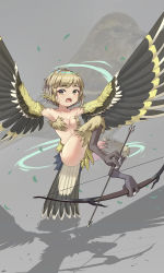 Rule 34 | 1girl, animal, animal background, animal feet, arrow (projectile), bird, bird legs, bird tail, black feathers, black wings, blonde hair, bow (weapon), breasts, commentary request, creature and personification, feathers, harpy, highres, holding, holding arrow, holding bow (weapon), holding weapon, holding with feet, monster girl, multicolored wings, open mouth, original, prehensile feet, shadow, short hair, small breasts, solo, tail, talons, weapon, winged arms, wings, xiao xiao tian, yellow eyes, yellow feathers