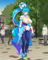 Rule 34 | 1girl, blue hair, blue pantyhose, boots, breasts, breasts out, cameltoe, cleft of venus, cure spicy, delicious party precure, elbow gloves, fuooooo, fuwa kokone, gloves, green eyes, highres, large breasts, long hair, nipples, outdoors, paid reward available, pantyhose, ponytail, precure, white gloves