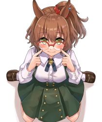 Rule 34 | 1girl, alternate costume, animal ears, aston machan (umamusume), blush, boots, breasts, brown hair, casual, commentary request, glasses, green eyes, hair ornament, highres, horse ears, horse tail, jitsumuraakiho, medium breasts, medium hair, pointing, pointing at self, seiza, sitting, smile, tail, umamusume, white background