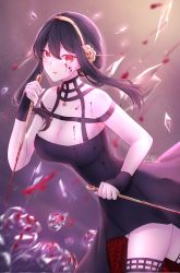 Rule 34 | 1girl, aim 1410, bare shoulders, black dress, black hair, black thighhighs, blood, blood on breasts, blood on face, bloody weapon, blush, breasts, cleavage, closed mouth, collarbone, commentary, covered navel, dagger, dress, dual wielding, earrings, flower, gold, gold earrings, gold hairband, hair flower, hair ornament, hairband, highres, holding, holding dagger, holding knife, holding weapon, jewelry, knife, large breasts, long hair, pendant, red eyes, rose, shards, sidelighting, sidelocks, sleeveless, sleeveless dress, solo, spy x family, thighhighs, two-sided dress, two-sided fabric, weapon, yor briar, zettai ryouiki