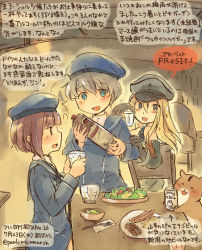 Rule 34 | 3girls, :d, admiral (kancolle), animal, artist name, bare shoulders, beer can, bismarck (kancolle), blonde hair, blue eyes, blue hat, blush, bottomless, bowl, brown eyes, can, cat, chair, clothes writing, collared shirt, cup, dated, drink can, food, fork, gloves, grey gloves, hat, holding, holding cup, indoors, kantai collection, kirisawa juuzou, latin text, long hair, looking back, multiple girls, napkin, non-human admiral (kancolle), numbered, open mouth, partially translated, plate, restaurant, revision, sailor collar, sailor hat, salad, sausage, shirt, short hair, silver hair, sleeveless, smile, speech bubble, table, text focus, translation request, twitter username, z1 leberecht maass (kancolle), z3 max schultz (kancolle)
