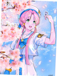 Rule 34 | 1girl, absurdres, andanden, aria (manga), aria company uniform, arm up, blue bow, blue bowtie, blue gloves, blue ribbon, blue sky, blurry, blurry background, blurry foreground, blush, border, bow, bowtie, branch, bug, butterfly, butterfly on hand, cherry blossoms, collarbone, commentary, cowboy shot, cropped shirt, depth of field, dress, eyelashes, flower, forehead, gloves, gold trim, green eyes, hair intakes, hair over shoulder, hair tubes, hat, highres, insect, logo, looking to the side, mizunashi akari, open mouth, outdoors, parted bangs, petals, pink hair, ribbon, sailor collar, sailor hat, shadow, shiny clothes, shiny skin, shirt, short hair with long locks, short sleeves, sidelocks, signature, single glove, sky, solo, teeth, uniform, upper teeth only, white border, white dress, white shirt