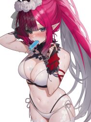 Rule 34 | 1girl, absurdres, baobhan sith (fate), baobhan sith (swimsuit pretender) (fate), baobhan sith (swimsuit pretender) (third ascension) (fate), bikini, blush, breasts, bridal gauntlets, cleavage, detached collar, fang, fate/grand order, fate (series), flower, food, food in mouth, grey eyes, hair flower, hair ornament, halterneck, hand up, highres, katashiro, long hair, looking at viewer, medium breasts, navel, pink hair, pointy ears, popsicle, popsicle in mouth, see-through, see-through veil, side-tie bikini bottom, side ponytail, string bikini, sweat, swimsuit, veil, white background, white bikini