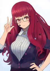 Rule 34 | 1girl, breasts, cleavage, facial mark, fire emblem, fire emblem engage, glasses, hair ornament, highres, labebebe lee, large breasts, long hair, looking at viewer, nintendo, red eyes, red hair, simple background, smile, solo, star (symbol), star facial mark, star hair ornament, white background, yunaka (fire emblem)