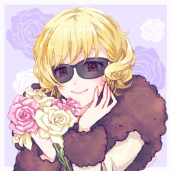 Rule 34 | 1girl, blonde hair, bouquet, citrinne (fire emblem), closed mouth, earrings, fire emblem, fire emblem engage, flower, fur trim, hand on own face, highres, holding, holding bouquet, hoop earrings, jewelry, mojakkoro, nintendo, official alternate costume, red eyes, smile, solo, sunglasses, upper body