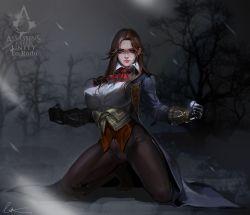Rule 34 | 1girl, arno dorian, assassin&#039;s creed, assassin&#039;s creed: unity, assassin&#039;s creed (series), breasts, brown eyes, brown hair, clenched hand, coat, crotch seam, female focus, genderswap, genderswap (mtf), concealed weapon, hidden blade (assassin&#039;s creed), highres, kneeling, large breasts, long hair, looking at viewer, lsr, night, pants, solo, tree, weapon