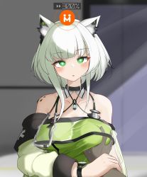 Rule 34 | 1girl, 1other, :o, ambiguous gender, animal ear fluff, animal ears, arknights, bare shoulders, blunt bangs, blush, breasts, bright pupils, cat ears, collarbone, dress, grabbing, grabbing another&#039;s breast, grabbing another's breast, green dress, green eyes, guided breast grab, guiding hand, halter dress, halterneck, highres, holding another&#039;s wrist, indoors, kal&#039;tsit (arknights), large breasts, light rays, long sleeves, looking at viewer, material growth, oripathy lesion (arknights), parted lips, pcaccount13, pov, short hair with long locks, sidelocks, solo focus, stethoscope, upper body, watch, white hair, wristwatch
