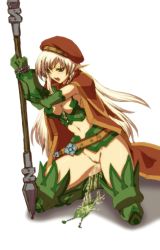 Rule 34 | 1girl, alleyne (queen&#039;s blade), blue eyes, bottomless, bound, bound wrists, highres, kneeling, long hair, peeing, pussy, queen&#039;s blade, soxkyo, uncensored, white background, white hair