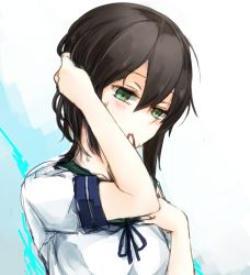 Rule 34 | 10s, 1girl, adjusting hair, brown hair, fubuki (kancolle), gradient background, green eyes, hair between eyes, hair down, hair tie, hinamori, kantai collection, mouth hold, solo, sweat